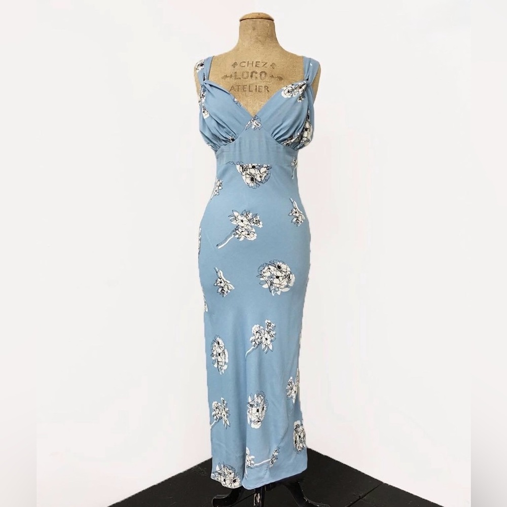 Loco Lindo 1930s Style Powder Blue Stencil Floral Harlow Slip Dress - Small